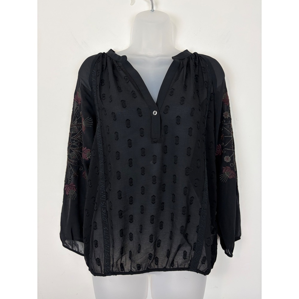 Desigual Black Embroidered Clip Dot Blouse Sz L Sheer Boho Peasant Whimsigoth